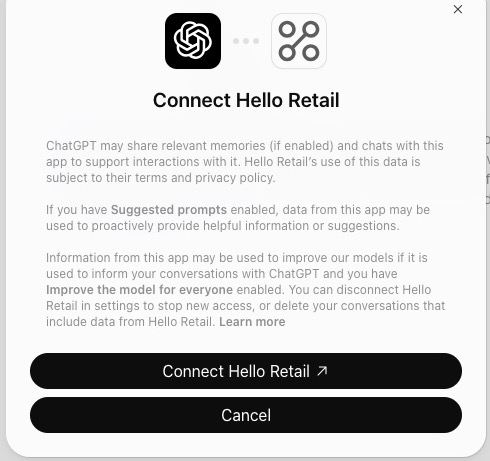 The Connect Hello Retail dialog in ChatGPT