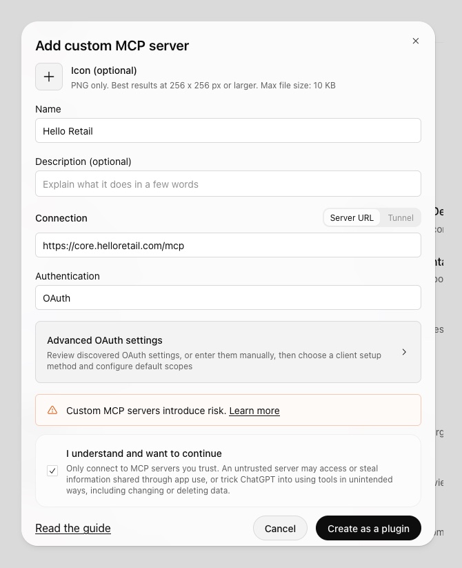 The Add custom MCP server form in ChatGPT