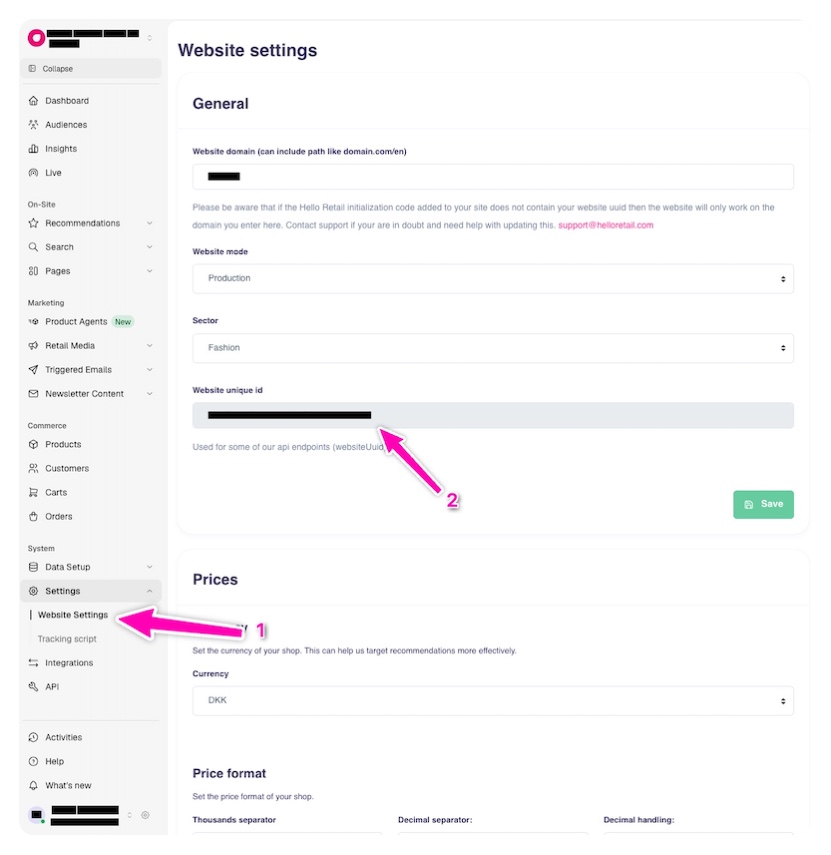 Website settings with numbered arrows pointing to Website Settings (1) and the Website unique id field under General (2)